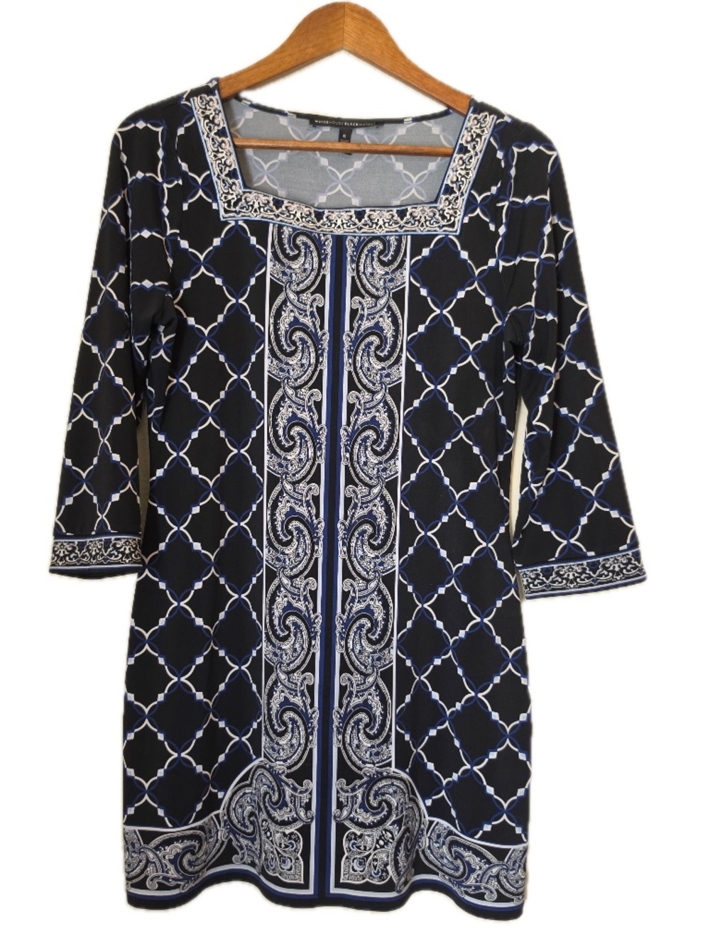 White House Black Market Dress Womens S Black Geometric Shift Knee Length